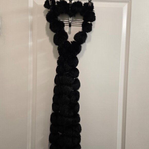 Extra Long Black Rabbit Fur Pompom Scarf #2 - Picture 2 of 4